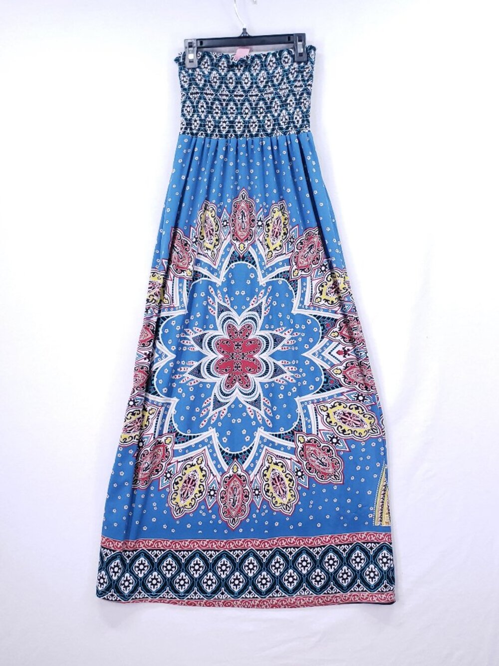 She's Cool Smocked Boho Strapless Maxi Tube Dress Size M Colorful Hippie Art